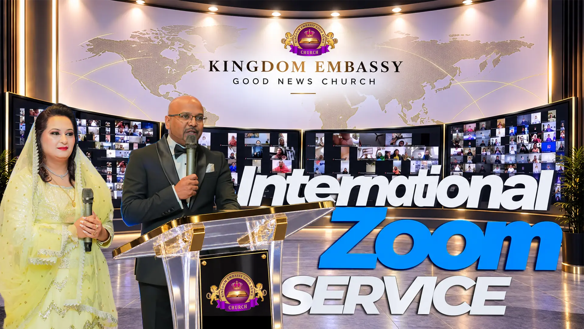 Pastor Haroon Angel preaching live during the Kingdom Embassy International Zoom Service, with congregation members joining from around the world